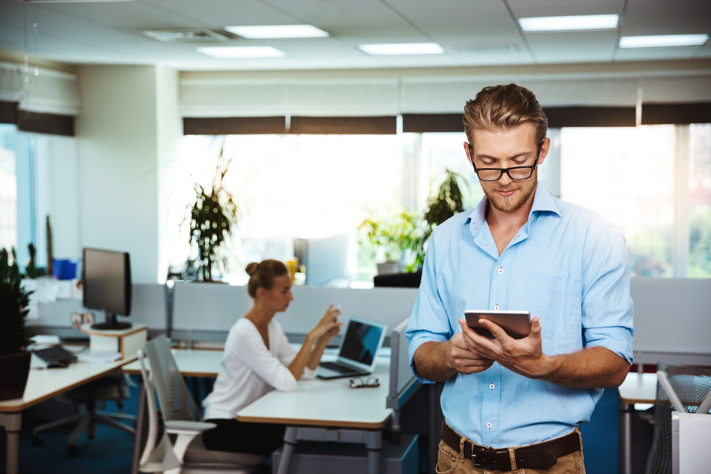 businessman looking tablet office